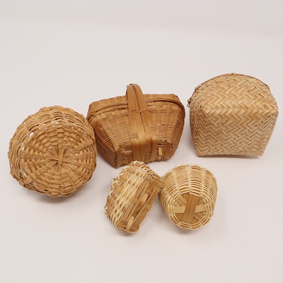 MINI WICKER picnic basket set of 5 vintage - Picture 5 of 16